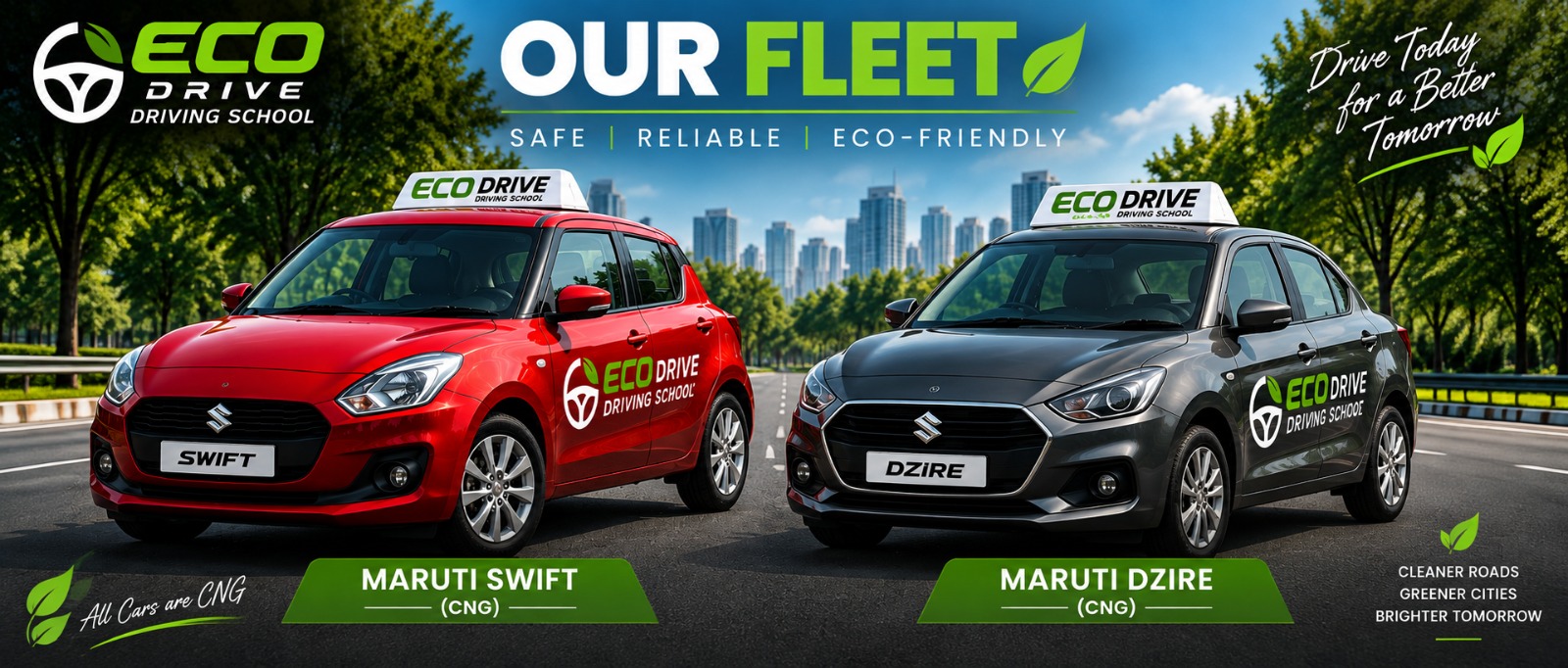 Eco Drive fleet — Maruti Swift and Maruti Dzire, both CNG