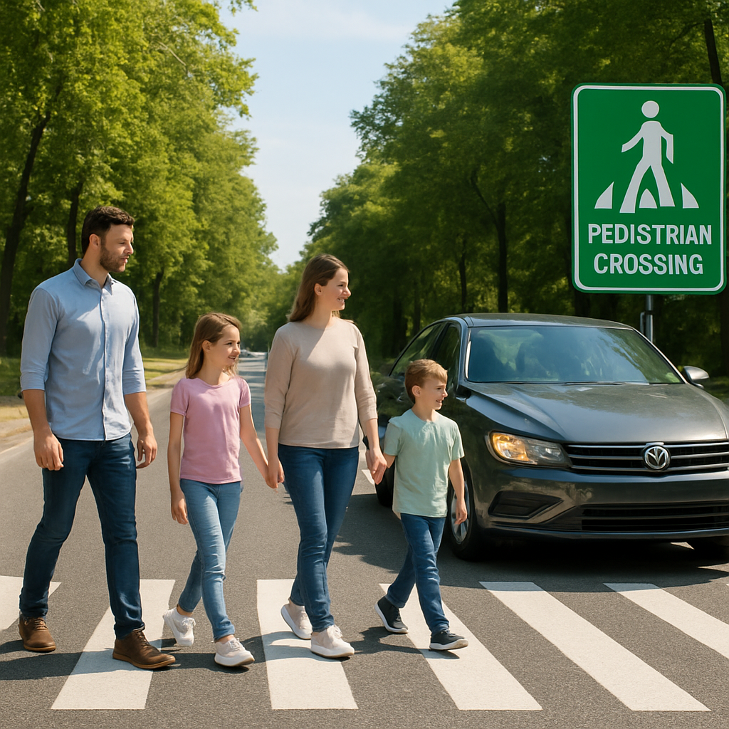 A family safely crossing the road as a car waits