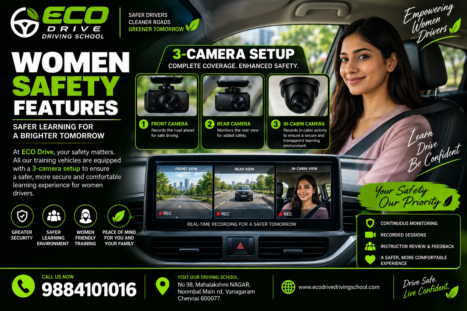 Eco Drive women safety features — front, rear and in-cabin camera setup with real-time recording